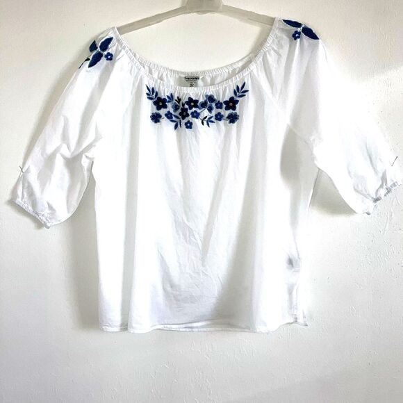 TANTRUMS XXL 1X White 100% Cotton Blue Embroidered Peasant Top 3/4 Puff Sleeve - Picture 2 of 6